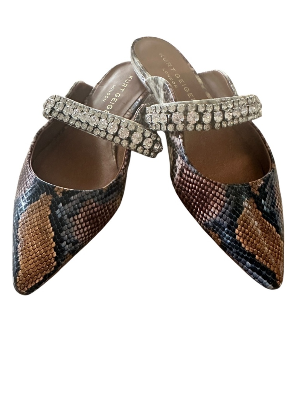 Kurt Geiger London Princely Snake Print Rhinestone Embellished Mules Flats 6.5